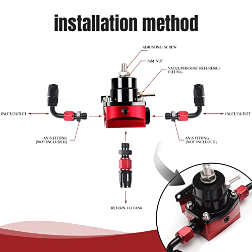EFI Fuel Pressure Regulator Kit 30-70psi with Gauge 6AN Fuel Line Fitting Universal Adjustable Aluminum (Black+Red) - color: black+red