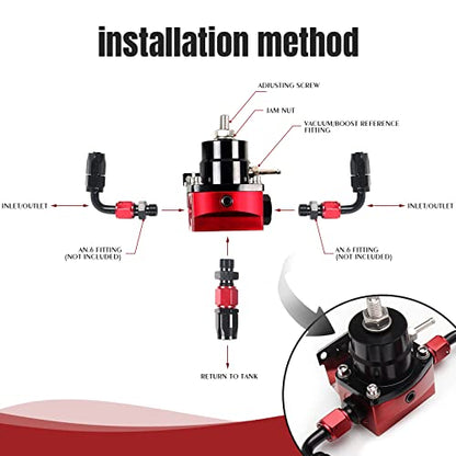 EFI Fuel Pressure Regulator Kit 30-70psi with Gauge 6AN Fuel Line Fitting Universal Adjustable Aluminum (Black+Red) - color: black+red