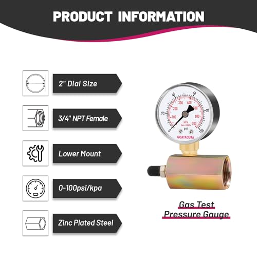 2" Gas Test Pressure Gauge, 0-100psi/kpa, 3/4" FNPT Connection, - size: 0-100psi, style: Zinc Plated Steel Body