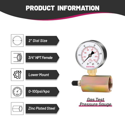 2" Gas Test Pressure Gauge, 0-100psi/kpa, 3/4" FNPT Connection, - size: 0-100psi, style: Zinc Plated Steel Body