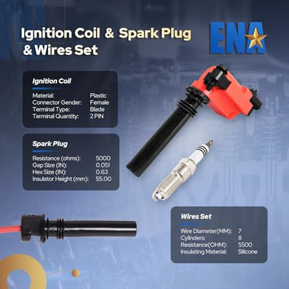 ENA Set of 8 Ignition Coil Pack with Wire Set and 16 Spark Plug 5.7 Compatible with Chrysler Dodge Jeep Ram 1500 2500 3500 Magnum Grand Cherokee 300 5.7L V8 2003 2004 2005 Replaces UF378 3213 -Red