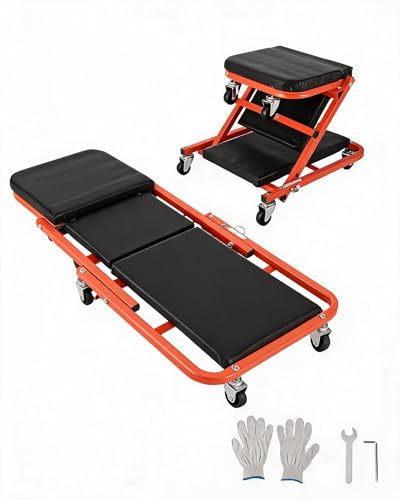 36 Inch 2-in-1 Foldable Z-Creeper Seat with Wheels, Rolling Mechanic Creeper Under Car, 330 LBS Weight Capacity Garage Shop Repair Stool with 6 Swivel Casters for Automotive Maintenance