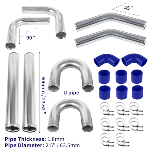 2.5" 8pcs Universal Aluminum Tube Set 600MM Polished Aluminum Turbo Intercooler Pipe+8 Elbow Hose+16 Clamps Kit - size: 2.5 inch