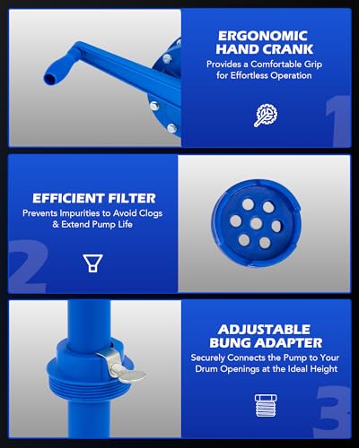 OMT 55 Gallon Drum Pump, Hand Water Pump Fits 5 to 55 Gallon Drums - color: Blue Rotary Action Reinforced PP Pump