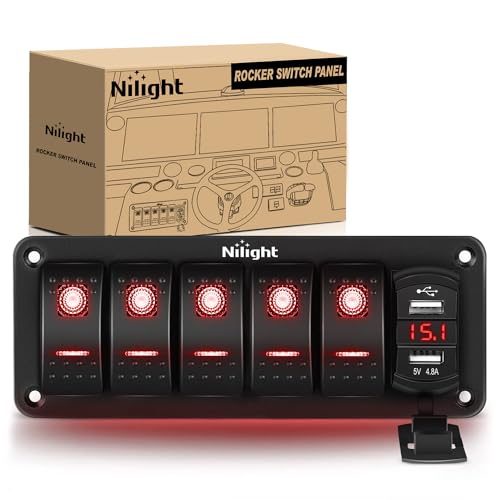 Nilight 5 Gang Rocker Switch Panel Red Backlit with 4.8 Amp Dual USB Charger Voltmeter Waterproof 12V 24V DC Switches with Night Glow Stickers for Car Trucks Boats RVs - color: Red, size: 6 Gang Dual USB