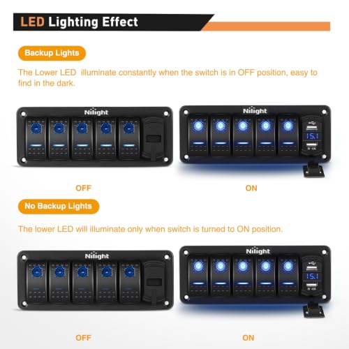Nilight 5 Gang Rocker Switch Panel with 4.8 Amp Dual USB Charger Voltmeter - color: Blue, size: 6 Gang Dual USB