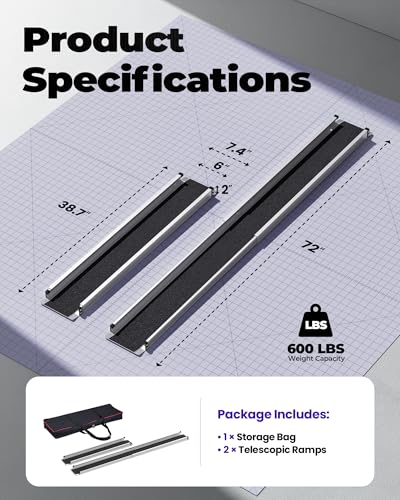 6FT Telescoping Aluminum Portable Wheelchair Ramp with Bag, 600LBS - size: 3.5 to 6 FT