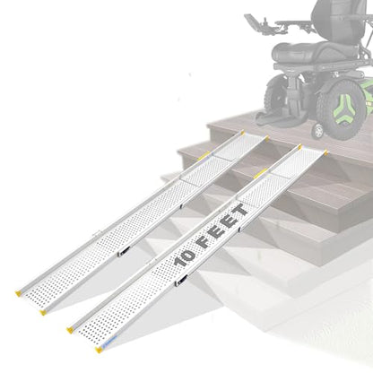 Ruedamann 10FT Telescopic Wheelchair Ramp with Handle, 8.9" Wide, 2PCS - color: Silver, size: 10FT x 8.9'' W