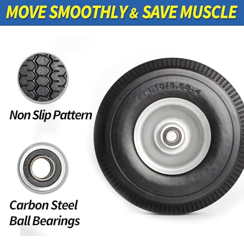 GICOOL 4.10/3.50-4" Flat Free Tire and Wheel, 10" Solid Tire with 5/8" Axle Bore Hole, 2.2" Offset Hub for Hand Truck Garden Wagon Cart Trolley Dolly Lawn Mover Replacement