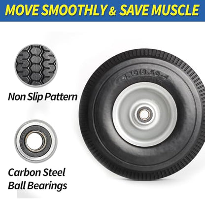 GICOOL 4.10/3.50-4" Flat Free Tire and Wheel, 10" Solid Tire with 5/8" Axle Bore Hole, 2.2" Offset Hub for Hand Truck Garden Wagon Cart Trolley Dolly Lawn Mover Replacement