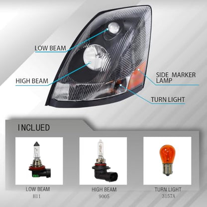Front Headlight Compatible with 2004-2017 Volvo VNL Truck Black Color - color: Black, size: Set of 2
