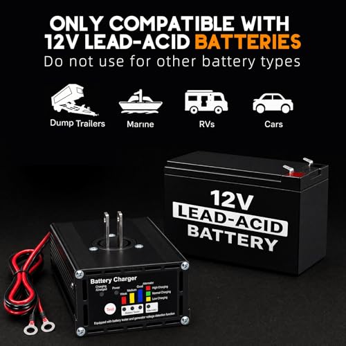 10 AMP 12 Volt Battery Charger & Tester for Dump Trailers, Cars (Automotive), RVs, Marine (Boats), Panel Mount On Board Trickle Charger Maintainer, LED Battery & Alternator Status, Trailer Accessories