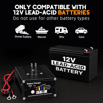 10 AMP 12 Volt Battery Charger & Tester for Dump Trailers, Cars (Automotive), RVs, Marine (Boats), Panel Mount On Board Trickle Charger Maintainer, LED Battery & Alternator Status, Trailer Accessories