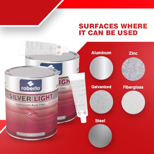 Roberlo Silver Light Multipurpose Body Filler 3L, Pack of 2, Easy Sanding, Strong Adhesion, Smooth Finish for Automotive Repair - size: 100 Fl Oz (Pack of 2)
