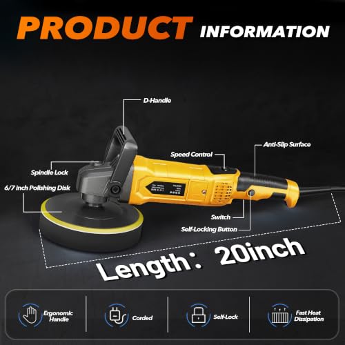 Buffer Polisher, 1600W Rotary Car Buffer, 6 Inch/7 Inch, Yellow - color: Yellow