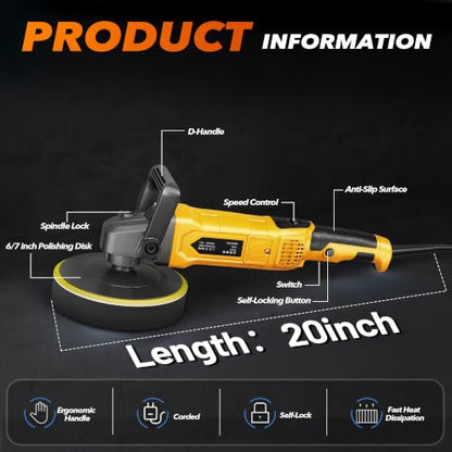 Buffer Polisher, 1600W Rotary Car Buffer, 6 Inch/7 Inch, Yellow - color: Yellow