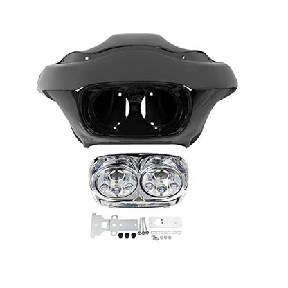 SLMOTO Inner & Outer Fairing 5.75'' Dual LED Headlight Fit for Fit for Harley Road Glide FLTR 98-13 - color: Vivid Black+Chrome Dual LED Headlight