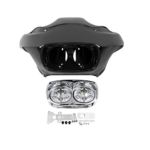 SLMOTO Inner & Outer Fairing 5.75'' Dual LED Headlight Fit for Fit for Harley Road Glide FLTR 98-13 - color: Vivid Black+Chrome Dual LED Headlight