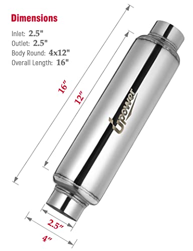 Upower 2.5" Inlet&Outlet Exhaust Resonator,4" x12" Body 16" Overall Length Center Straight Through Stainless Steel Muffler,Polished - size: 2.5" Inlet 16" Overall Length