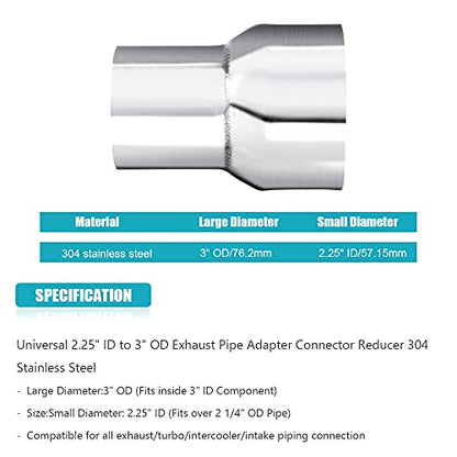 Universal 2.25" ID to 3" OD Exhaust Pipe Adapter Connector Reducer 304 Stainless Steel 2.25 Inch to 3.0 Inch 2 1/4” ID to 3.0” OD kit - size: 2.25" ID to 3" OD
