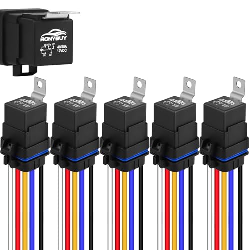 5-Pin Waterproof Relay Kit 40/30 AMP 12V Relay Switch with Harness Heavy Duty 12&16 AWG Tinned Copper Wires, SPDT Automotive Relay Kit for Horns Starters Radiator Motor Fans, Pack of 5