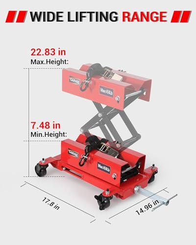 450 LBS Low Profile Transmission Jack, Heavy Duty Auto Repair Lifting Jack with Safety Straps & 4 Swivel Wheels, 7-23 Inch Height Range, Red - color: Red