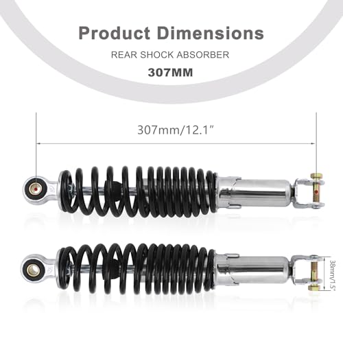 Minho Motorcycle Dual Rear Shock Absorbers with Adjustable Spring Preload in Heavy Iron Material Compatible with Chinese GY6 Scooter Mopeds Taotao Tank Jonway Roketa,305MM Length,10MM Mounting Hole - size: 305mm