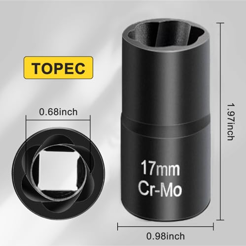 Topec 17mm Lug Nut Remover, Wheel Lock Removal Kit for Stripped Bolt & Rounded Nut, 1/2" Drive | Hand Tools Only (≤200NM) - style: 17MM