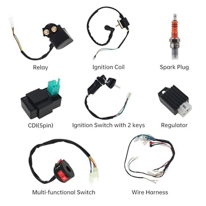 Windance 8PCS Complete Electrical Wiring Harness Kit with CDI Solenoid Relay Rectifier Ignition Switch Ignition Coil for Most 50CC-125CC Chinese 4 Stroke Motorcycle ATV Quad Dirt Bike