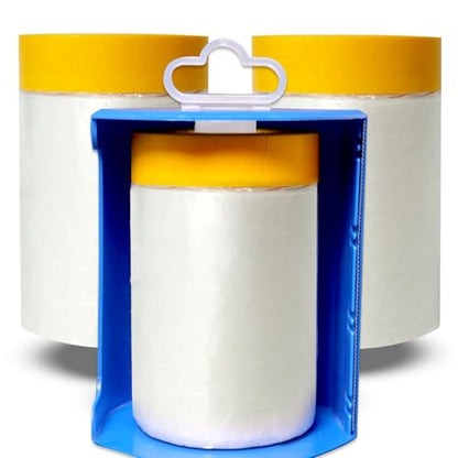 Pre-Taped Masking Film Film and Masking Tape in one Plastic Tape and Drape Roll Painters Plastic (3 Pack, Each roll 22" Wide x 82 feet Long) with one Dispenser