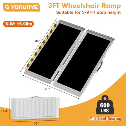 Portable Wheelchair Ramp 3FT, Aluminum Foldable Handicap Ramp, Weight Capacity 600 LBS,Ramps for Steps with Safety Latch Anti-Slip Threshold Ramp. - size: 3FT Using Height 3"-9"