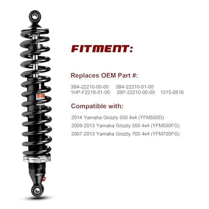 Monotube Front Shocks, Shock Absorber, Struts for Yamaha Grizzly 550 4x4 (2014), 700 4x4; OEM# 3B4-22210-00-00, 3B4-22210-01-00, 1HP-F2210-01-00; Amortiguadores para Yamaha Grizzly