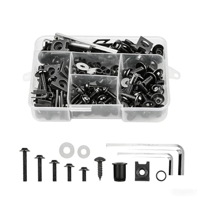 177 PCS Motorcycle Fairing Bolt Kit, M5 M6 Windscreen & Body Panel Fastener, Alloy Steel Anti-Rust Screws & Nuts Assortment with Wrench, Mounting Hardware for Most Motorcycles (Black)