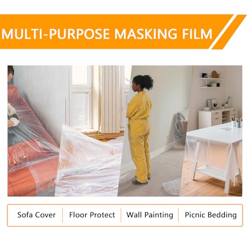 Painters Plastic with Tape 59inx65ft,Pre-Taped Masking Film Automotive Tape and Drape,Tear-Resistant Plastic Painting Film for Car Painting & Home Renovation (4 Rolls) - size: 59inx65ft, style: 4 rolls