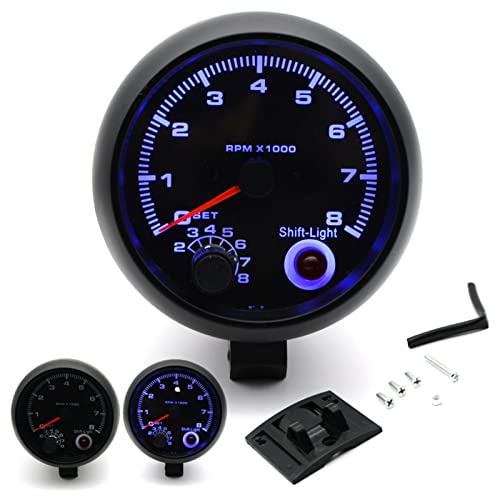 Tachometer Gauge,3.75'' Car Universal Black Tachometer Gauge Blue Inter Shift Light 0-8000 RPM