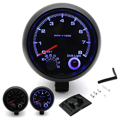 Tachometer Gauge,3.75'' Car Universal Black Tachometer Gauge Blue Inter Shift Light 0-8000 RPM