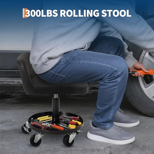 Rolling Shop Stool w/ 3" Locking Swivel Wheels, 300LB Capacity, 18"-22" Height Adjustable with Soft Cushion & Tool Tray, Telescoping Mechanic Seat for Garage, Auto Repair, Heavy-Duty, Black - size: Black-1