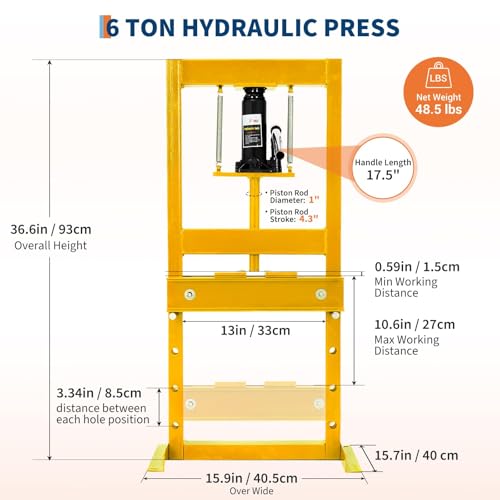 6 Ton Hydraulic Shop Press, H-Frame Heavy-Duty Garage Floor Press with 2 Press Plates, Adjustable Height Work Table, Ideal for Automotive Repair, Metalworking & Bearing Installation