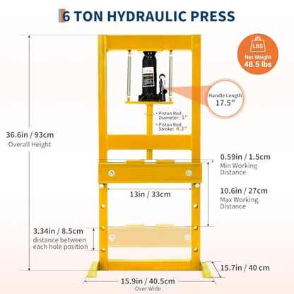 6 Ton Hydraulic Shop Press, H-Frame Heavy-Duty Garage Floor Press with 2 Press Plates, Adjustable Height Work Table, Ideal for Automotive Repair, Metalworking & Bearing Installation