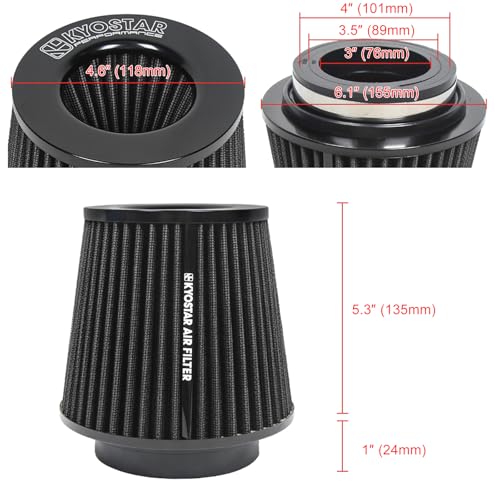KYOSTAR Universal 3/3.5/4" (75/89/100mm) High-Flow Air Filter, Reusable Cone Cold Air Intake, High Performance, Clamp-On Car High Flow Air Kit, Flange Diameter: 3/3.5/4 Inch, Height: 6.2 Inch, Black - color: 3/3.5/4" (75/89/100mm), Black