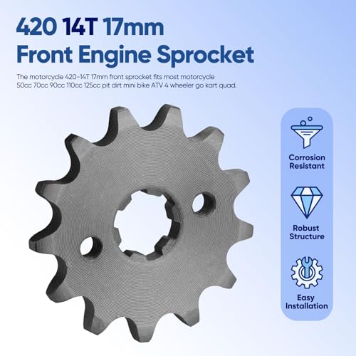 420 14T 17mm Motorcycle Front Engine Sprocket fits for 50cc 70cc 90cc 110cc 125cc 140cc 160cc Z50 CT70 Pit Dirt Mini Bikes Go Kart Trail Roketa Sunl Lifan Chinese Quad ATVs 4 Wheeler Moped - color: 420-14T