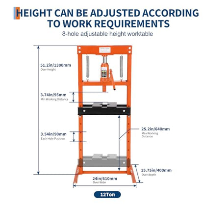 Heavy Duty 12 Ton Hydraulic H-Frame Shop Press, Adjustable Height - color: Orange|With Dust Cover|12T