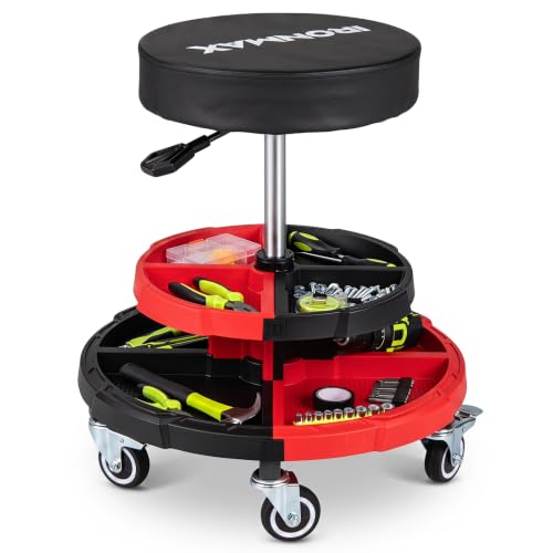 Goplus Rolling Mechanic Stool with Cushioned Seat - color: Red, size: 2-Tier Tool Tray