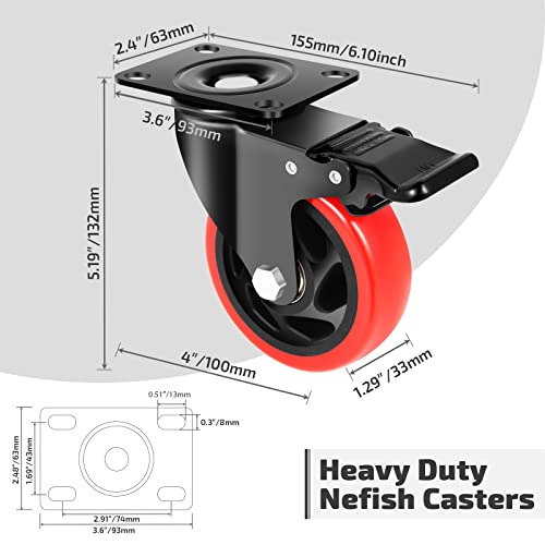 Nefish 4 Inch Industrial Caster Wheels with Brake, Casters Set of 4 Heavy Duty Grade Casters, Non-Marking Polyurethane Wheels, Workbench 1800 Lbs for Cart, Furniture, Shelving - size: 4 IN