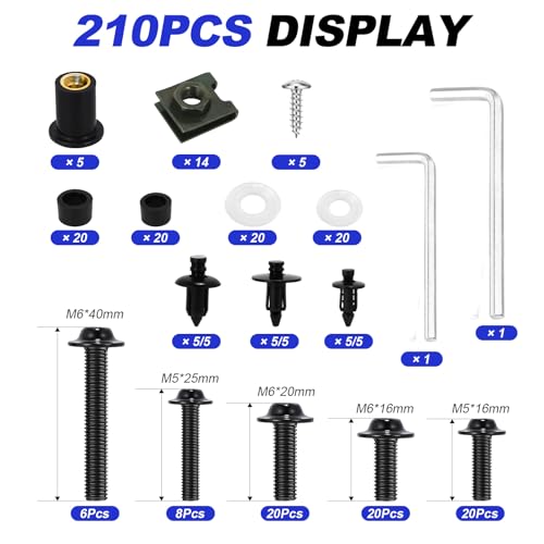 Motorcycle Fairing Bolt Kit 210Pcs, 304 Stainless Steel M5 M6 Black