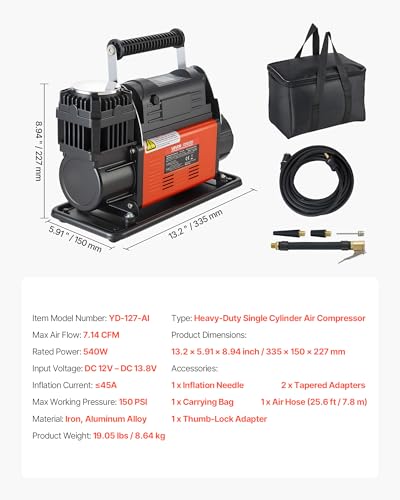 VEVOR 12V Heavy Duty Air Compressor, Auto-Stop Portable Tire Inflator with LCD Digital Display, 7.14 CFM 150PSI Offroad Air Pump with Adapters for Trucks Car SUV 4 x 4 Vehicle RV - style: 7.14 CFM Auto-Stop