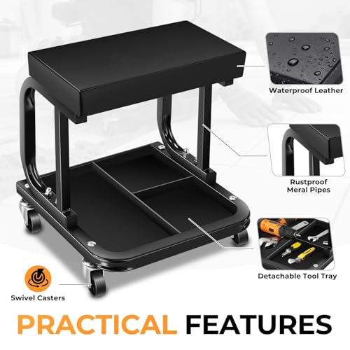 Auto Dynasty Rolling Mechanic Stool, Padded Shop Seat, w/Tool Tray, Black