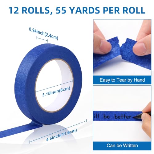 Blue Painters Tape, 0.94"/1.88" x 55 Yards Bulk Painter Tape, Blue Masking Tape for Painting, Easy Hand Tear No Residue Paint Tape for Home, Automotive, DIY Crafts (12, 0.94inch) - size: 0.94inch