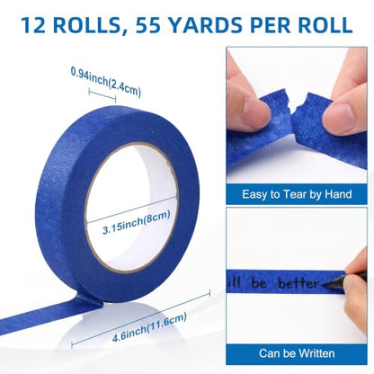 Blue Painters Tape, 0.94"/1.88" x 55 Yards Bulk Painter Tape, Blue Masking Tape for Painting, Easy Hand Tear No Residue Paint Tape for Home, Automotive, DIY Crafts (12, 0.94inch) - size: 0.94inch