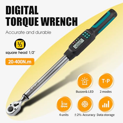 1/2” Digital Torque Wrench Set 8.9-295 ft-lb/12-400 Nm, ±2% Accuracy, LED & Buzzer Alerts, with 3 Adapters (1/4", 3/8"& Extension Bar), Industrial CR-V Steel for Car, Motorcycle, Bike Repair - size: 1/2", 8.9-295 ft-lb (12-400 Nm)